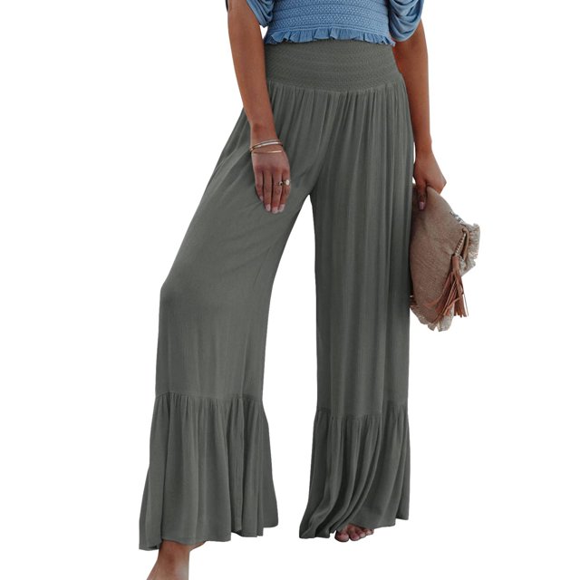 VISgogo, pantalones informales salvajes a la moda para mujer, pantalones de salón de pierna ancha elásticos de cintura alta de Color sólido, pantalones holgados de playa de verano VISgogo moda