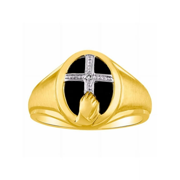 RYLOS Unisex Rings Yellow Gold Plated Silver Religious Cross Prayer Ring With Diamonds & Black Onyx Designer Jewelry Size 8