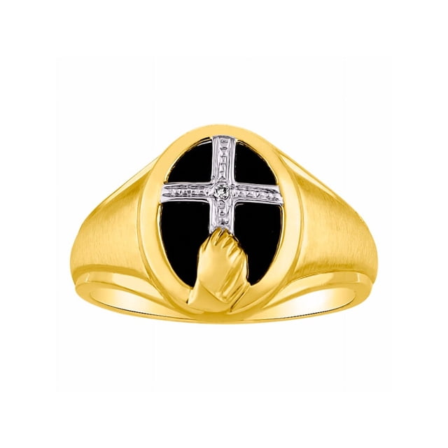 RYLOS Unisex Rings Yellow Gold Plated Silver Religious Cross Prayer Ring With Diamonds & Black Onyx Designer Jewelry Size 11