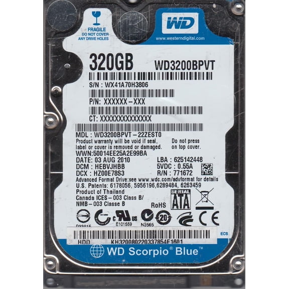 WD3200BPVT-22ZEST0, DCM HEBVJHBB, Western Digital 320GB SATA 2.5 Hard Drive