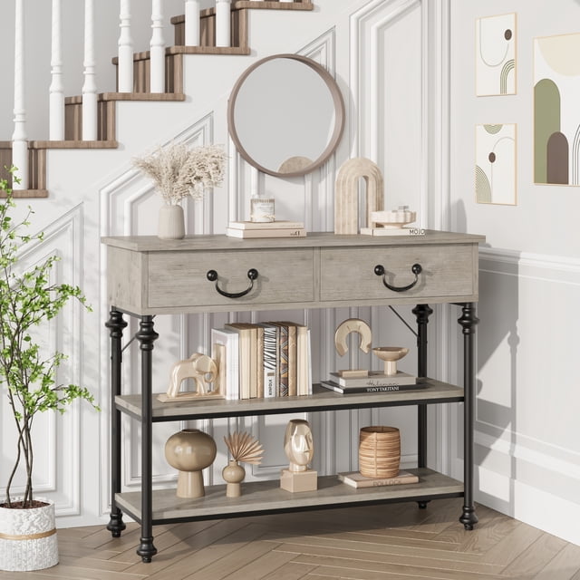 EDTara Farmhouse Style Entryway Table, 39.4” Slim Industrial Console With 2 Drawers & 2 Storage Shelves for Small Spaces