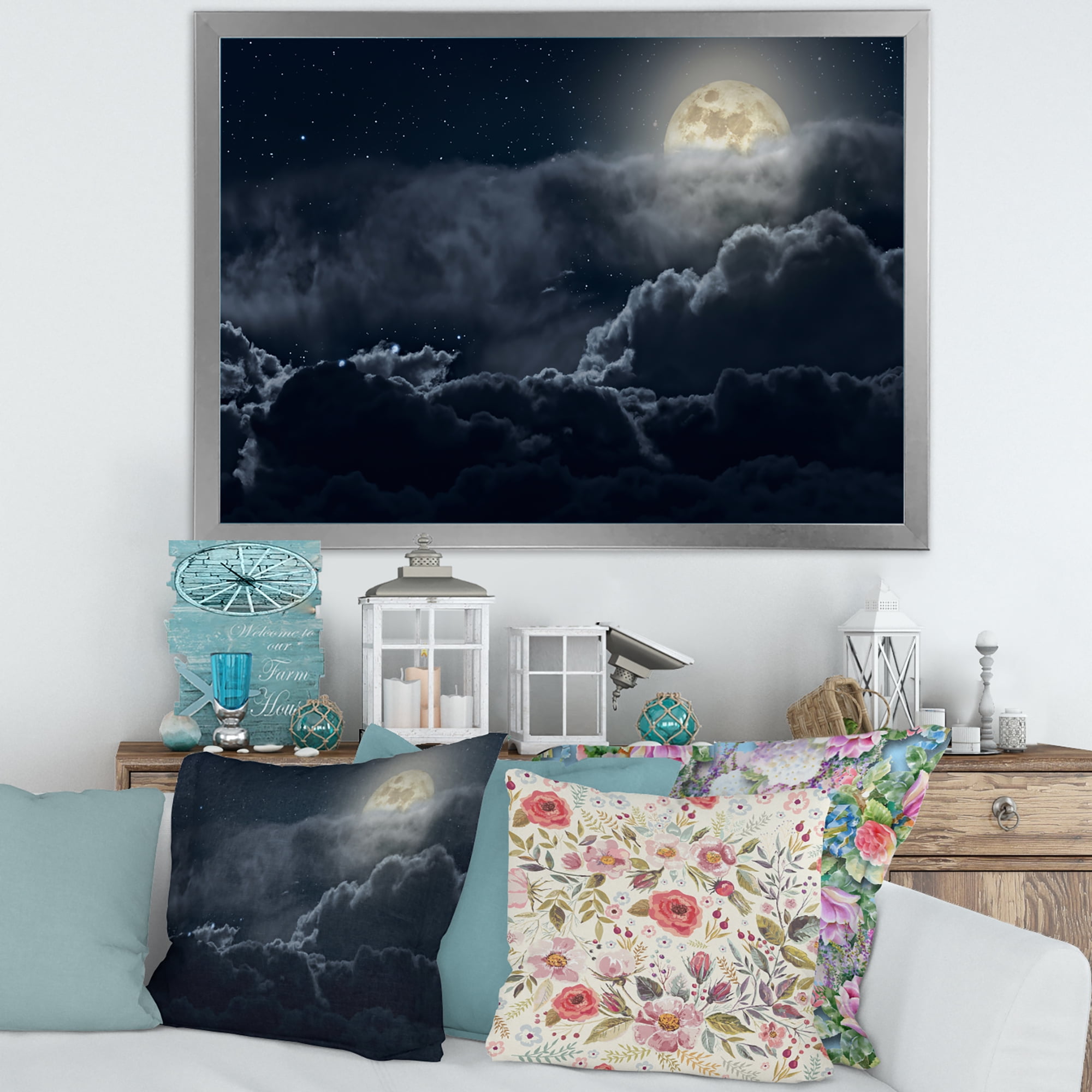 Designart 'Cloudy Full Moon Night With Stars' Nautical & Coastal Framed Art Print