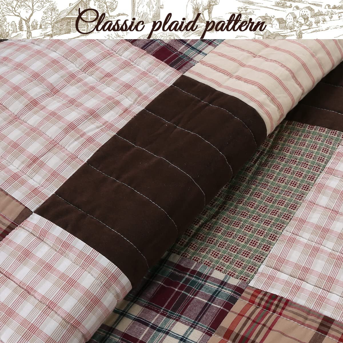 Cozy Line Heidi Chocolate Brown Plaid Grid Striped Real Patchwork 3-Piece Reversible Quilt Set King Set