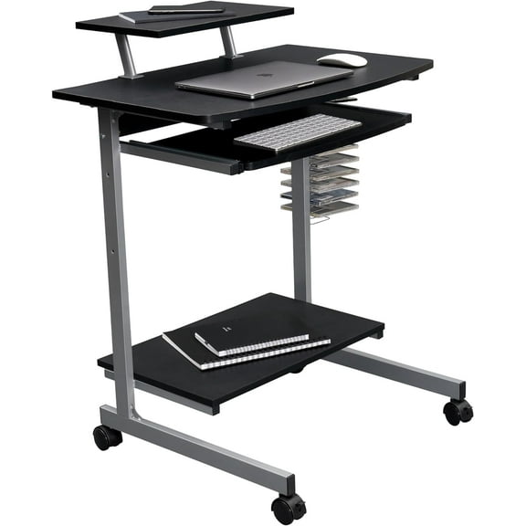 Rolling Mobile Computer Desk/Cart with Storage Shelves, Rolling Working Station for Small Spaces, Printer Shelf