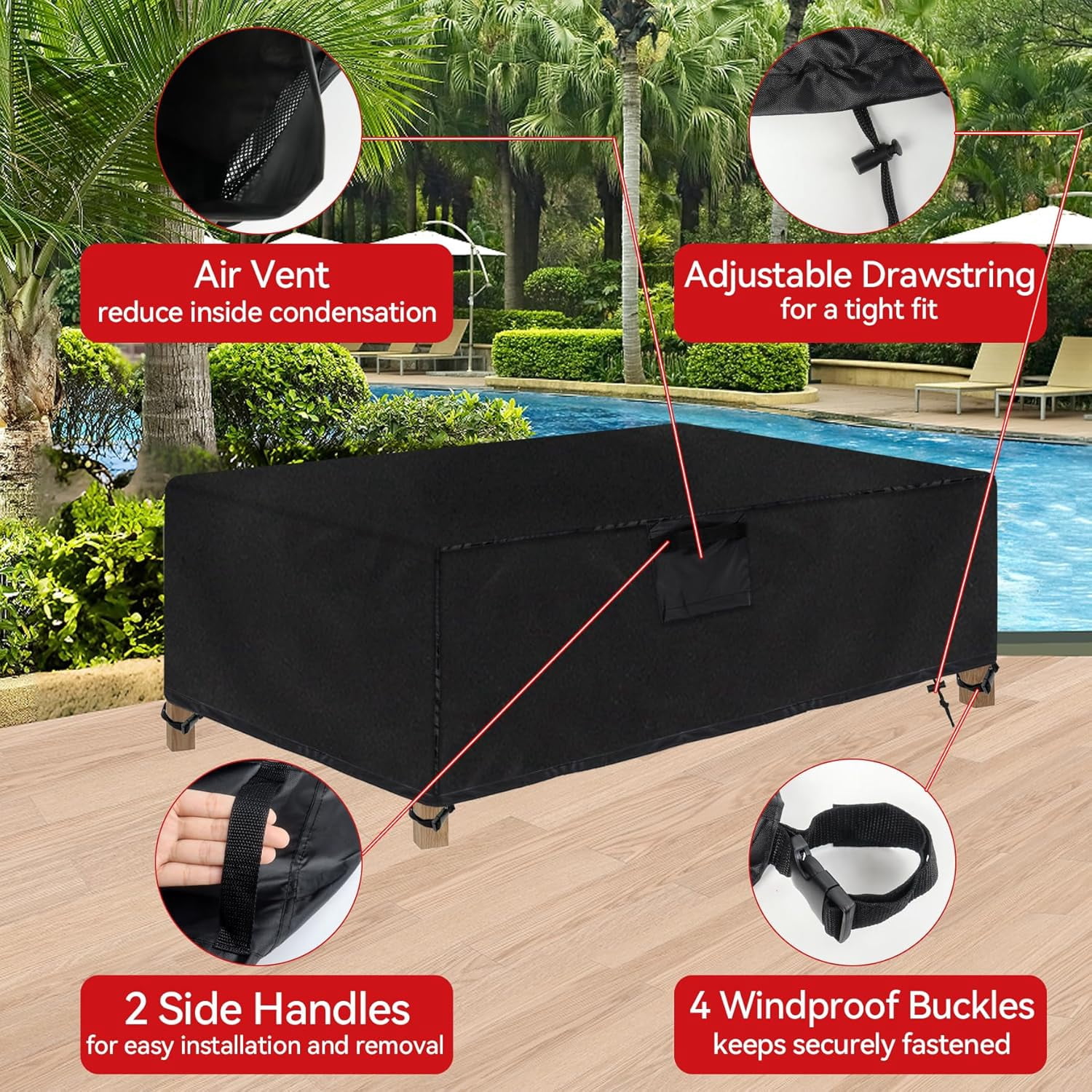 Outdoor Coffee Table Cover, 42"(L) x 24"(W) x 18"(H) Rectangular Patio Coffee Table Cover with Air Vent, Waterproof Windproof Patio Furniture Cover for Coffee Table(Black)