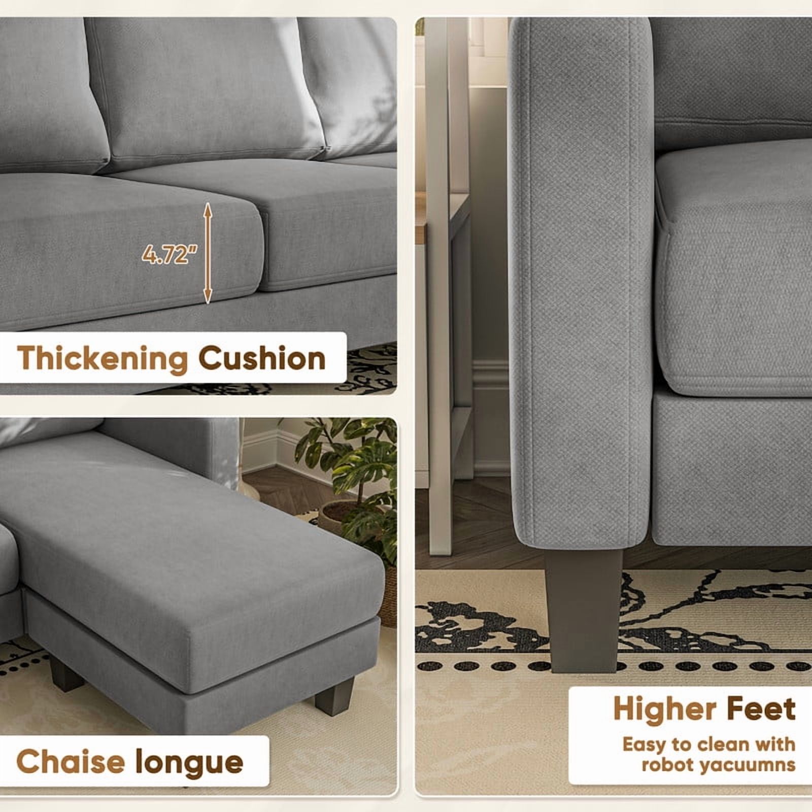 Furmax 70" Convertible Sectional Sofa Couch 3-Seat L-Shaped Small Sofa Couch with Reversible Chaise for Small Living Room, Apartment and Small Space, Linen Gray