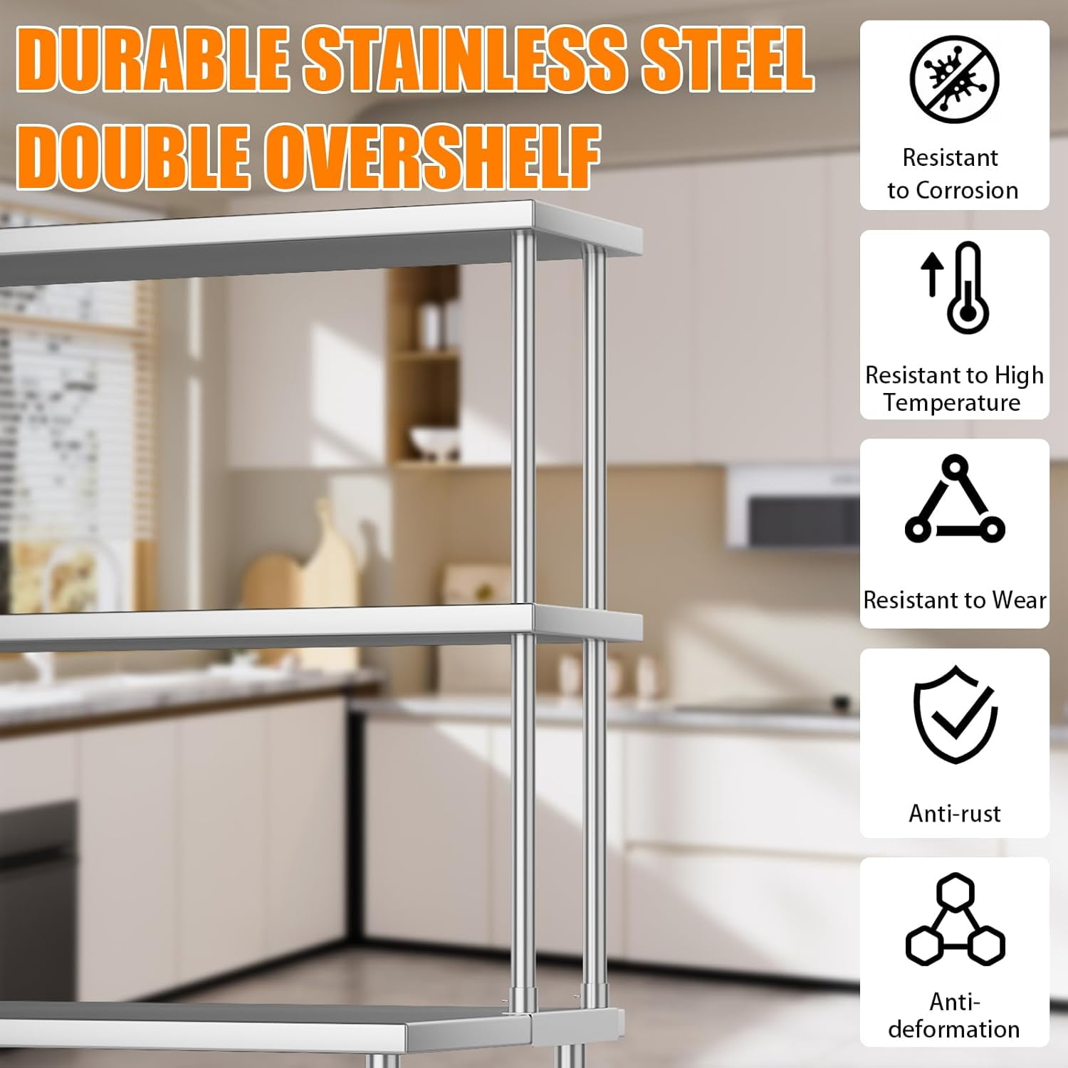 Stainless Steel Double Overshelf, Commercial 2-Tier Adjustable Shelves, Double Deck Overshelf for Prep & Work Table In Restaurant, Kitchen and Home, 12" x 48"