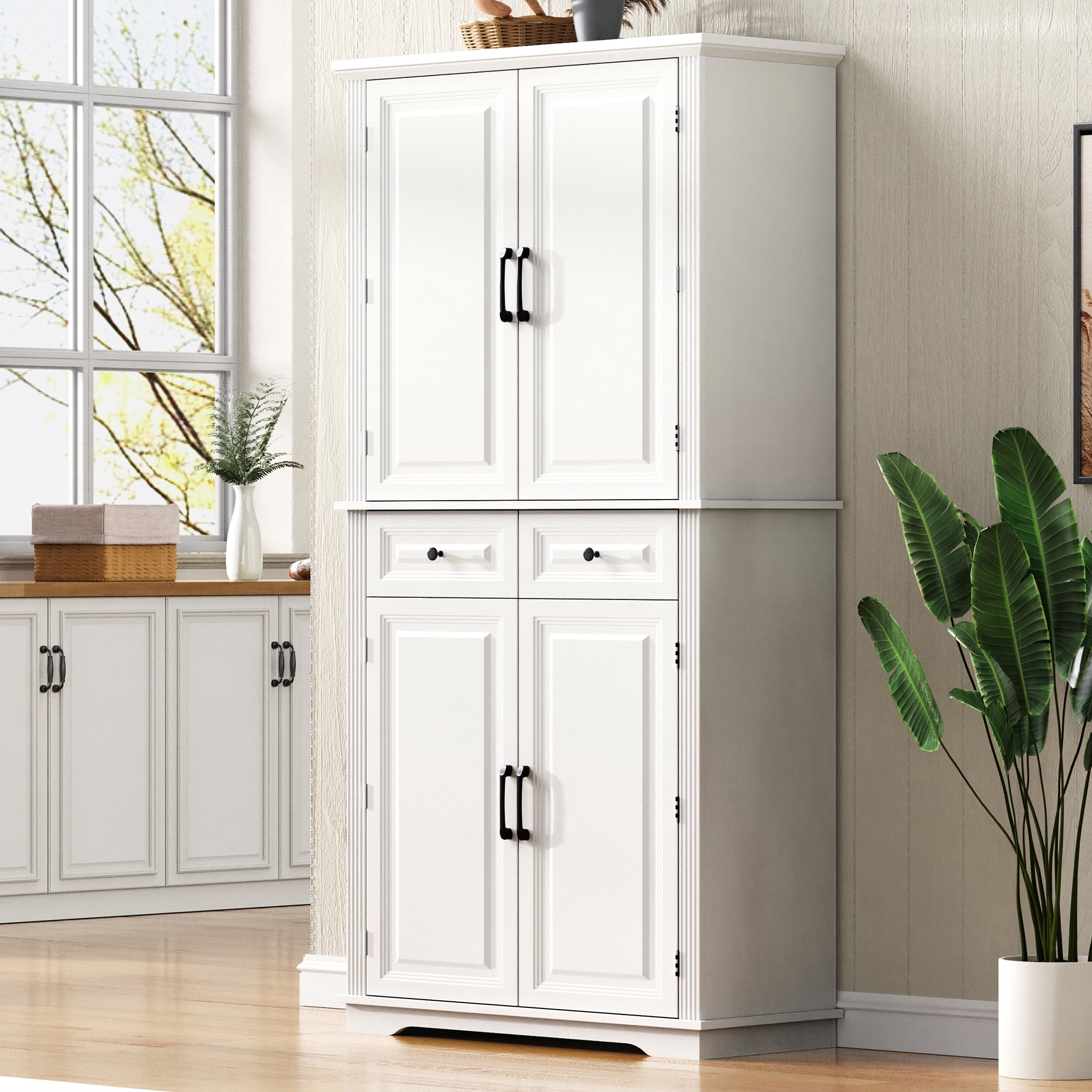 71" Tall Kitchen Pantry Cabinet with 3 Pull Out Cabinet Organizers, Farmhouse Embossed Texture Storage Cabinet with 6 Door Shelves, 2 Drawers, Freestanding Cupboard for Kitchen, Dining Room, White