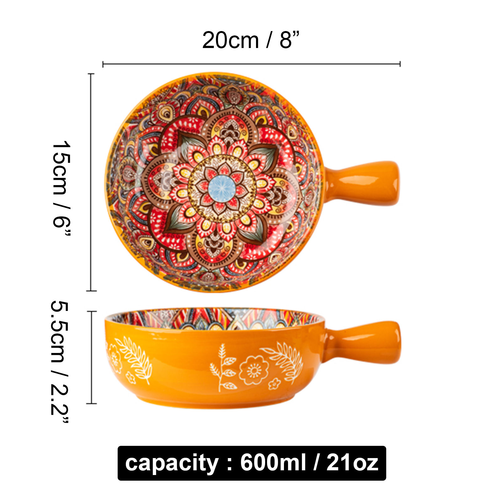 Qeeadeea Ceramic Soup Bowl With Handle 600ml, Single Shallow Bowl, Small Ramen Bowl, Microwave And Oven Safe-Orange-20x15x5.5cm - image 2 of 7