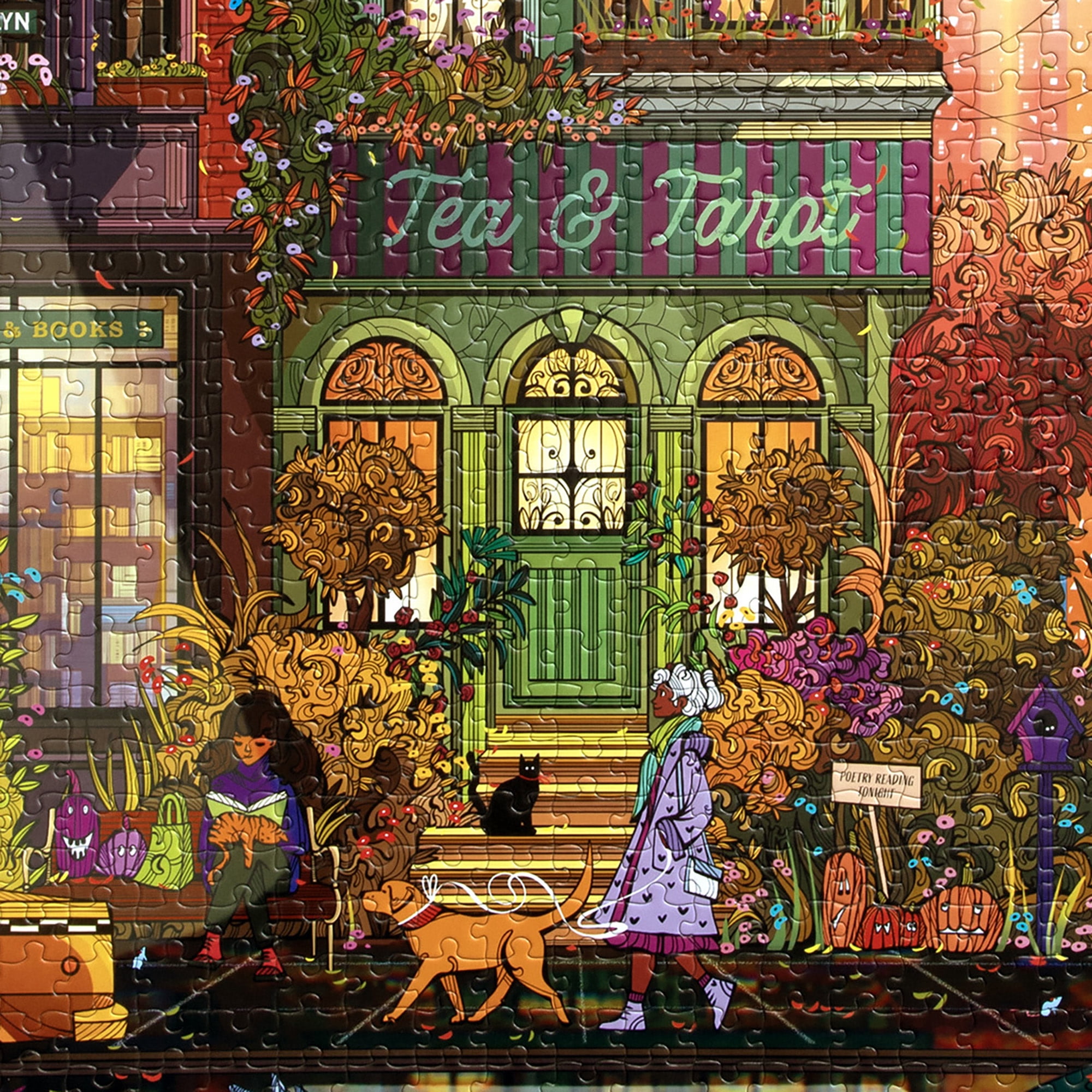 eeBoo Piece & Love: Fall In Brooklyn - 1000 Piece Puzzle - Square Adult Jigsaw, Laura El's Autumn Twilight City Street Scene, Eco-Friendly, Playlist