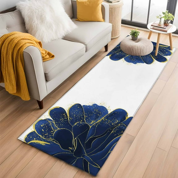 Navy Blue Gold Kitchen Runner Rug 2x6 Washable Runners for Hallway Non Slip Abstract Line Art Troditional Ink Painting Large Area Rug Indoor Floor Carpet for Bathroom Laundry Entryway Bedroom