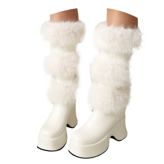 Leozcaa Womens Mid Calf Boots Zip Block Chunky High Heel Punk Goth Warm Fur Winter Snow Platform Boots