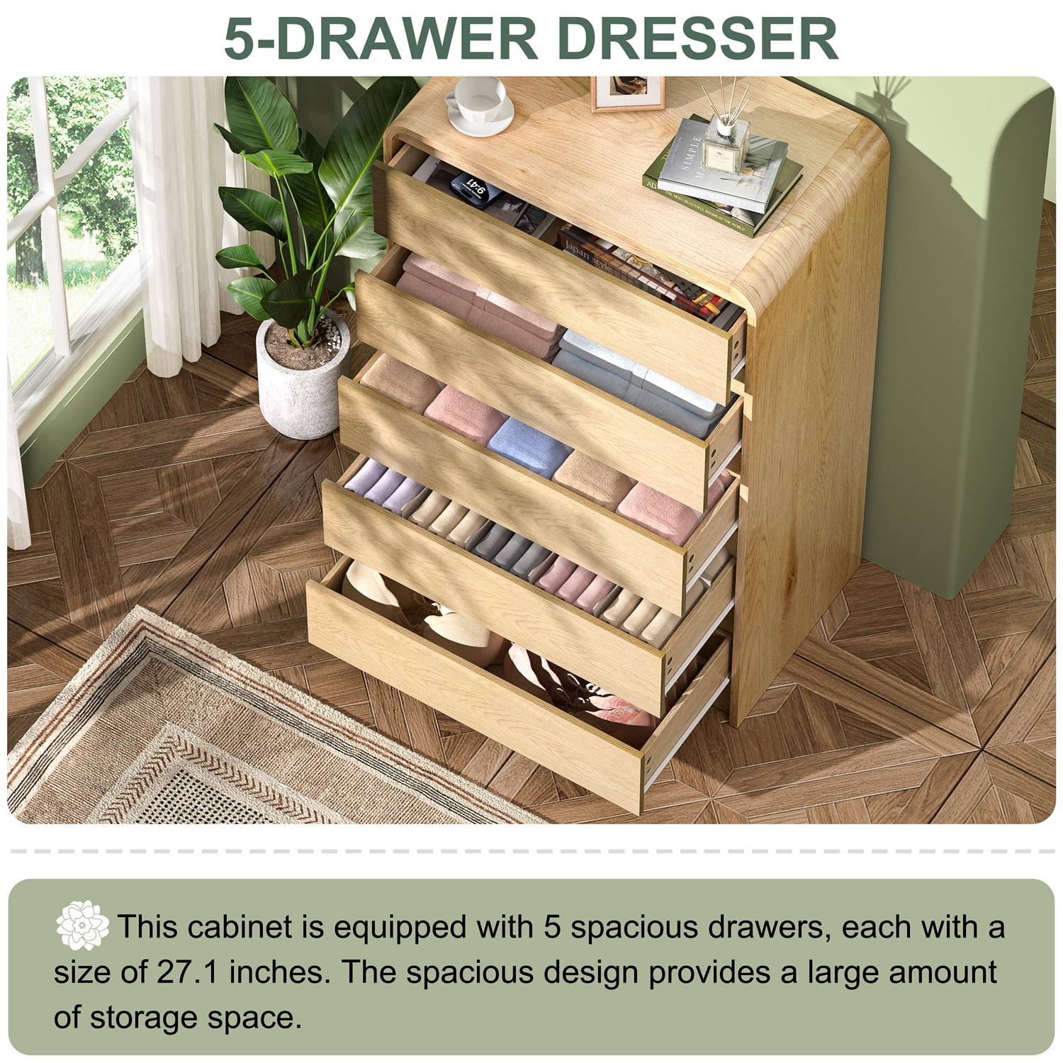 Hommoo BEROXII 45" Tall 5-Drawer Wood Dresser, Modern Curved Mid-Century Chest of Drawers for Bedroom, Living Room & Hallway, Natural