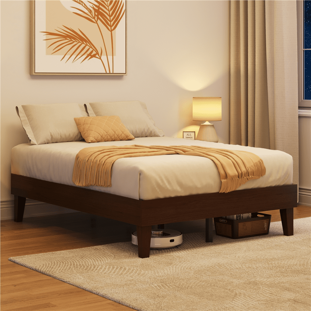 Renwick Full Size Wood Platform Bed Frame for Adult, Dark Walnut