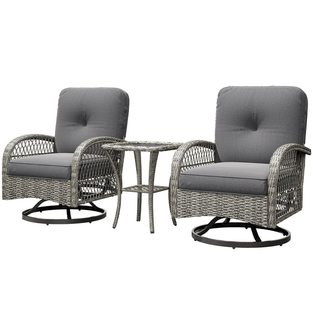 3-Piece Grey Wicker Patio Bistro Set, 2 Swivel Rocking Chairs with Thick Cushions and 2-Tier Tempered Glass Coffee Table, All-Weather PE Rattan Furniture for Balcony and Porch