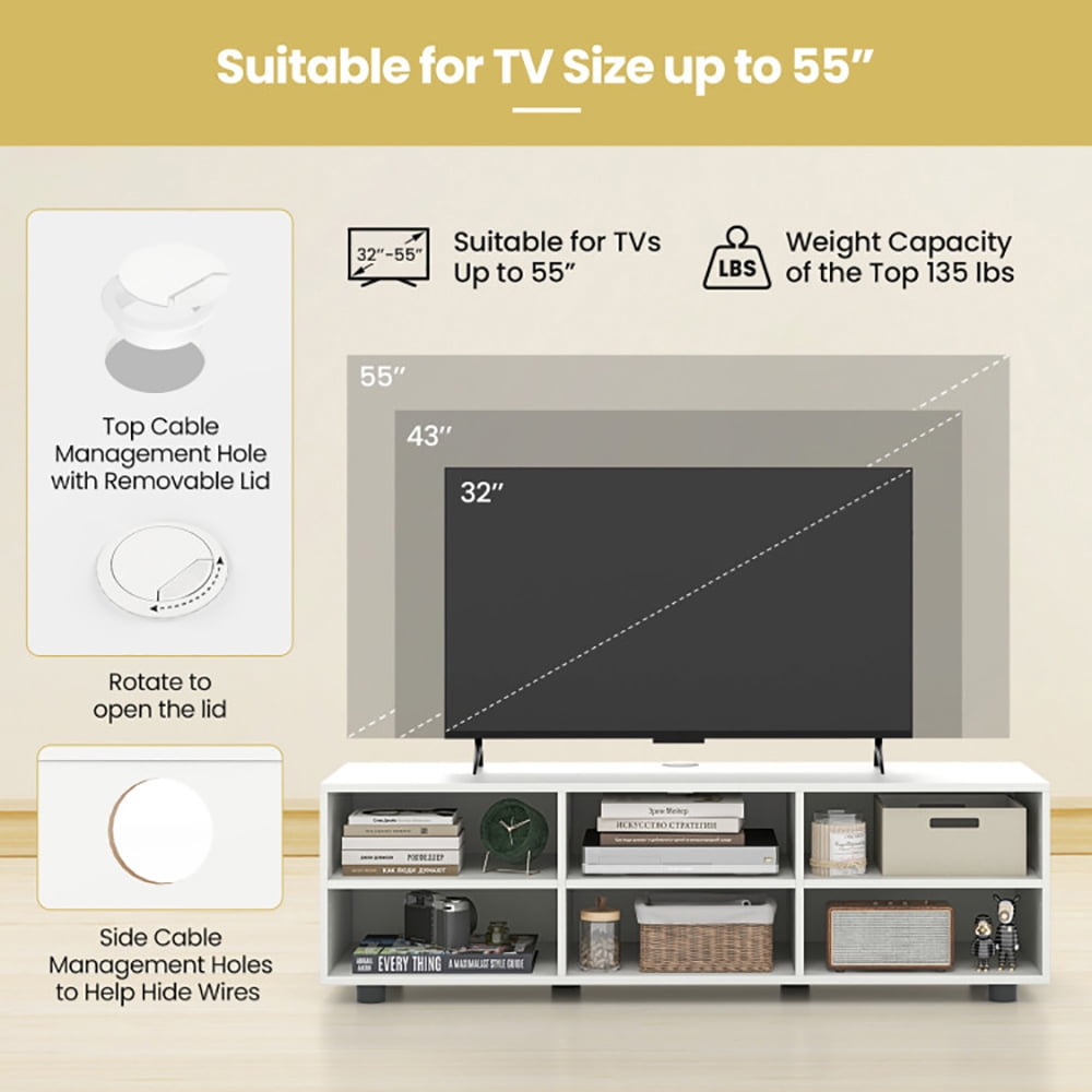 Finihen TV Stand, TV Cabinet, TV Stand for TV up to 55 Inch with 6 Storage Compartments, for Living Room, White