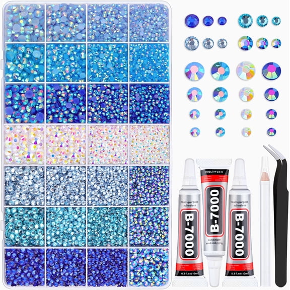 20000Pcs Bedazzling Kit with 3Pcs B7000 Jewelry Glue Resin Rhinestones for Crafting Crafts Bedazzler Kit Flatback Gems for Clothing Shoes Tumblers Nail Art Blue