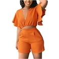thumbnail image 2 of REORIAFEE Womens Outfits 80s Outfit Women's Ruffle Short Sleeve V Neck Top Casual Shorts Summer Plus Size Women Suits Orange L, 2 of 8