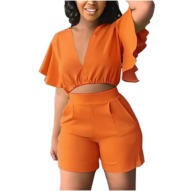 ICHUANYI Clearance Women's Ruffle Short Sleeve V-Neck Top Casual Shorts Summer Plus Size Women Suits(Orange, XL) ICHUANYI WER2023081011742
