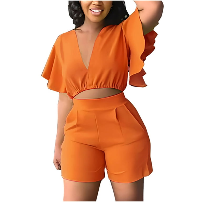 REORIAFEE Outfits for Women 90s Outfit Women's Ruffle Short Sleeve V Neck  Top Casual Shorts Summer Plus Size Women Suits Orange XL 