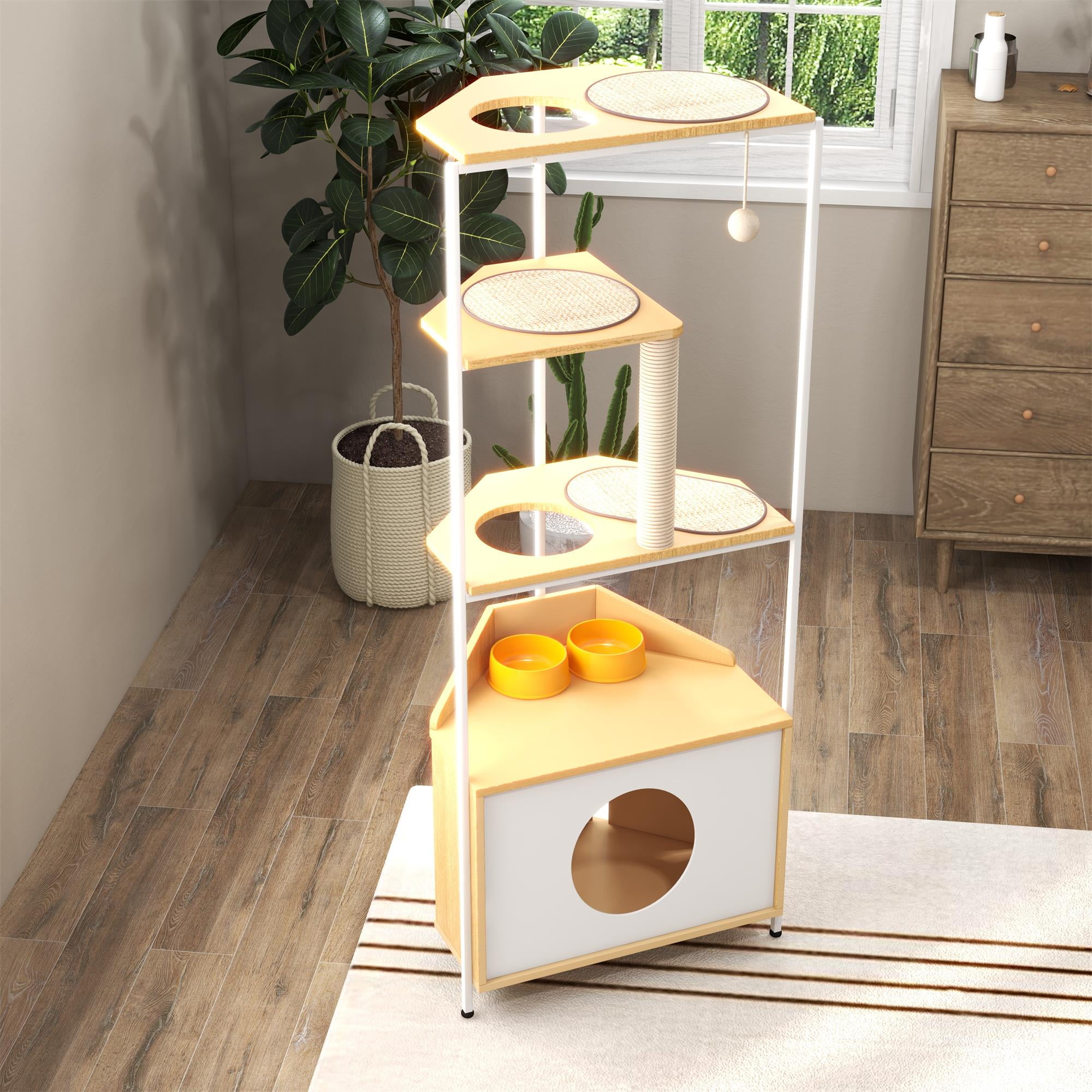 Pefilos 58" Cat House for Indoor Cats with Feeding Station and Climbing Platforms, Corner Cat Tree Tower, Cat Condo Furniture, Beige Pefilos 58" Cat House for Indoor Cats with Feeding Station and Climbing Platforms, Corner Cat Tree Tower, Cat Condo Furniture, Beige