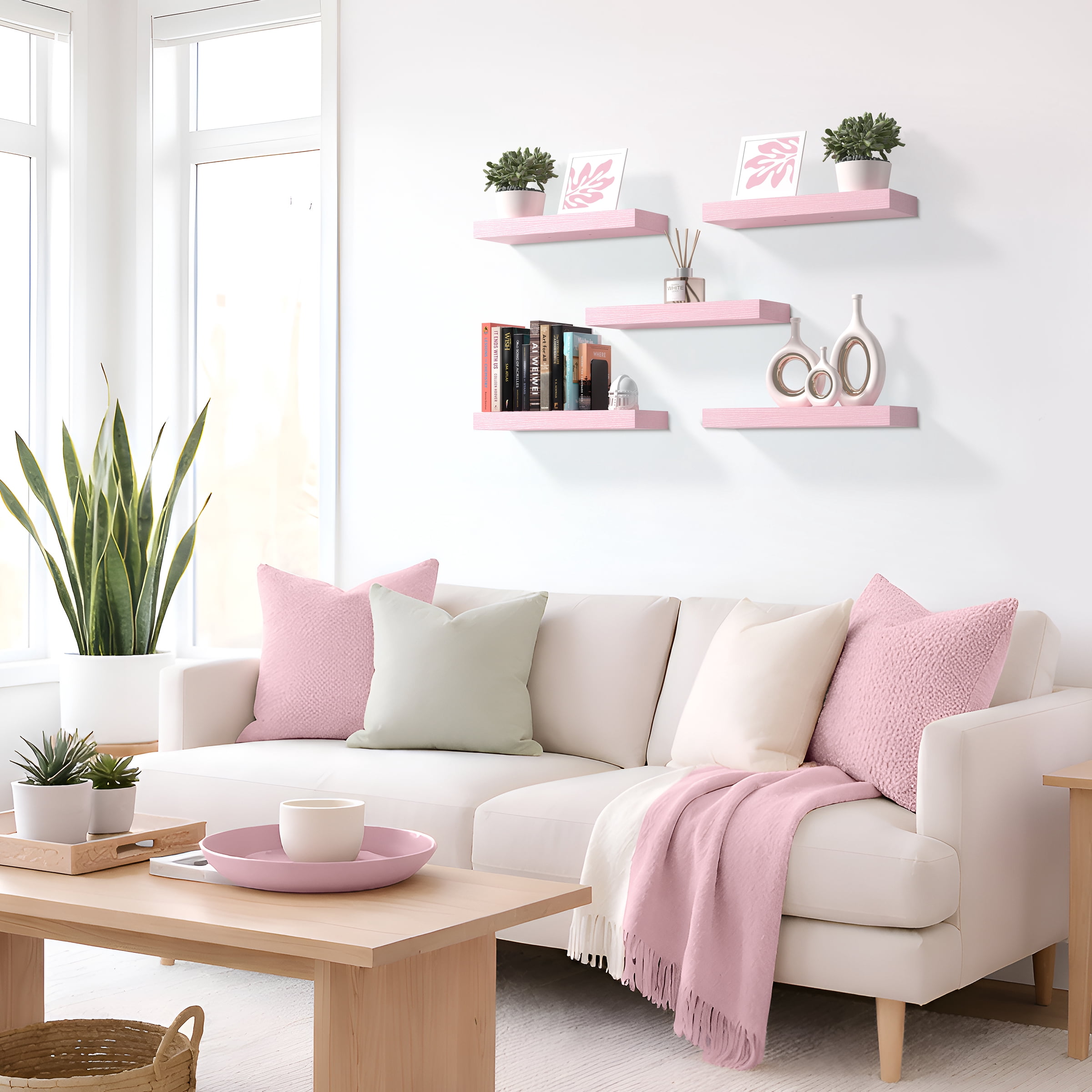 Sorbus 16.25" Floating Wall Shelves, 2 Pack, Soft Pink, Invisible Brackets, Home Decor
