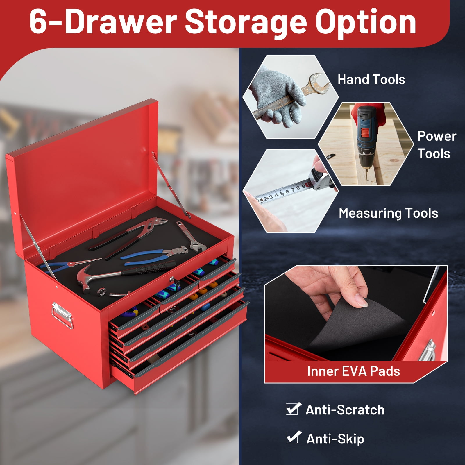 Gymax 24'' Tool Chest Case Steel Tool Box w/ 6 Drawers Top Storage Automatic Lock Red