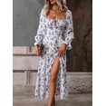 thumbnail image 1 of Robe Rétro Imprimée pour Femmes Boho Élégante à Lacets Fendue sur le Côté Robes Décontractées Aguichant Col Carré Manches Longues Robe de Plage Fête, 1 of 7