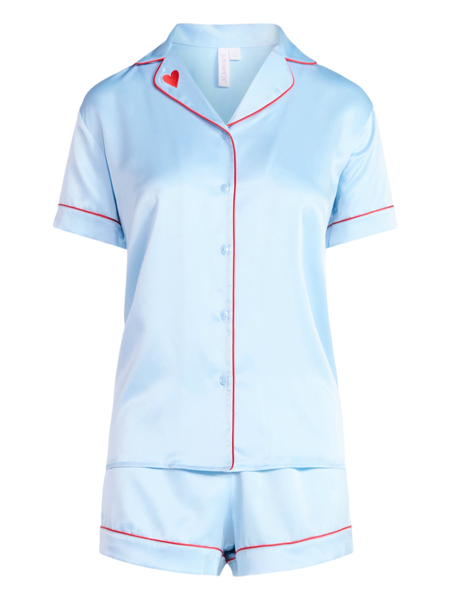 Joyspun Women’s Stretch Satin Short Sleeve Top and Shorts Pajama Set, Sizes XS-3X