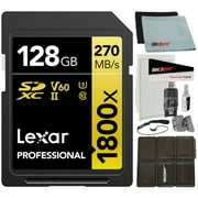 Lexar LSD1800128G-BNNNU Professional 1800x SDXC UHS-II Card GOLD Series 128GB Bundle with Accessories Kit Including Reader & Case + LCD Screen Covers + Microfiber Cloth & More