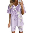 thumbnail image 2 of Virmaxy Womens Stylish Outfit 2 Piece Set Summer Marble Printed Shorts 2 Piece Set Fashion Casual Short Sleeve V-Neck Top/Shirt Shorts Set Purple L, 2 of 7