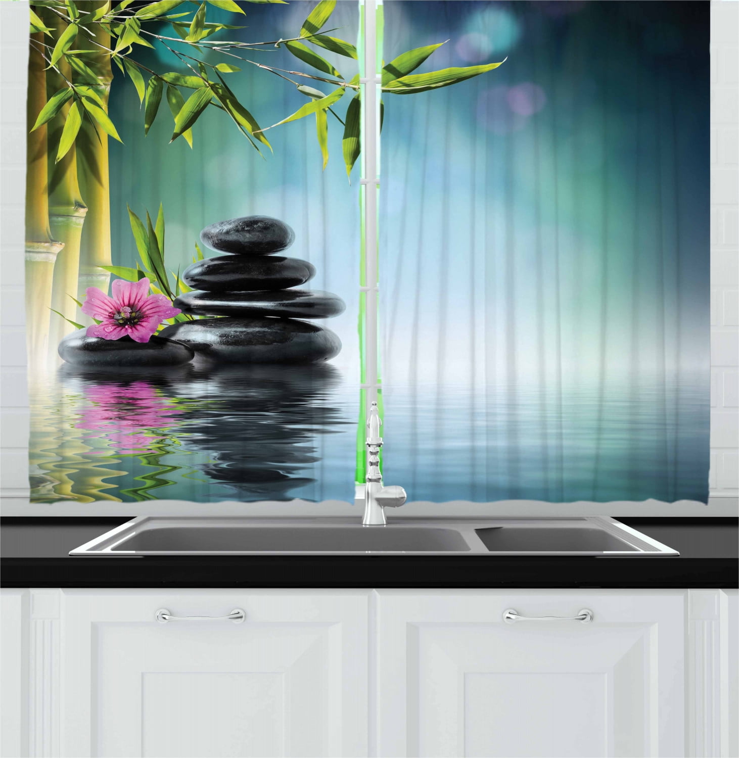 Zen Garden Curtains 2 Panels Set, Pink Flower Spa Stones and Bamboo