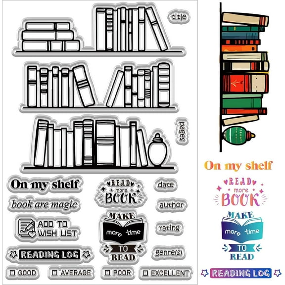 Vintage Books and Bookshelf Clear Stamps for Card Making Words Transparent DIY Scrapbooking Photos Album Decorative Stamp Sheets Rubber Stamps Reusable Silicone Stamp Crafting