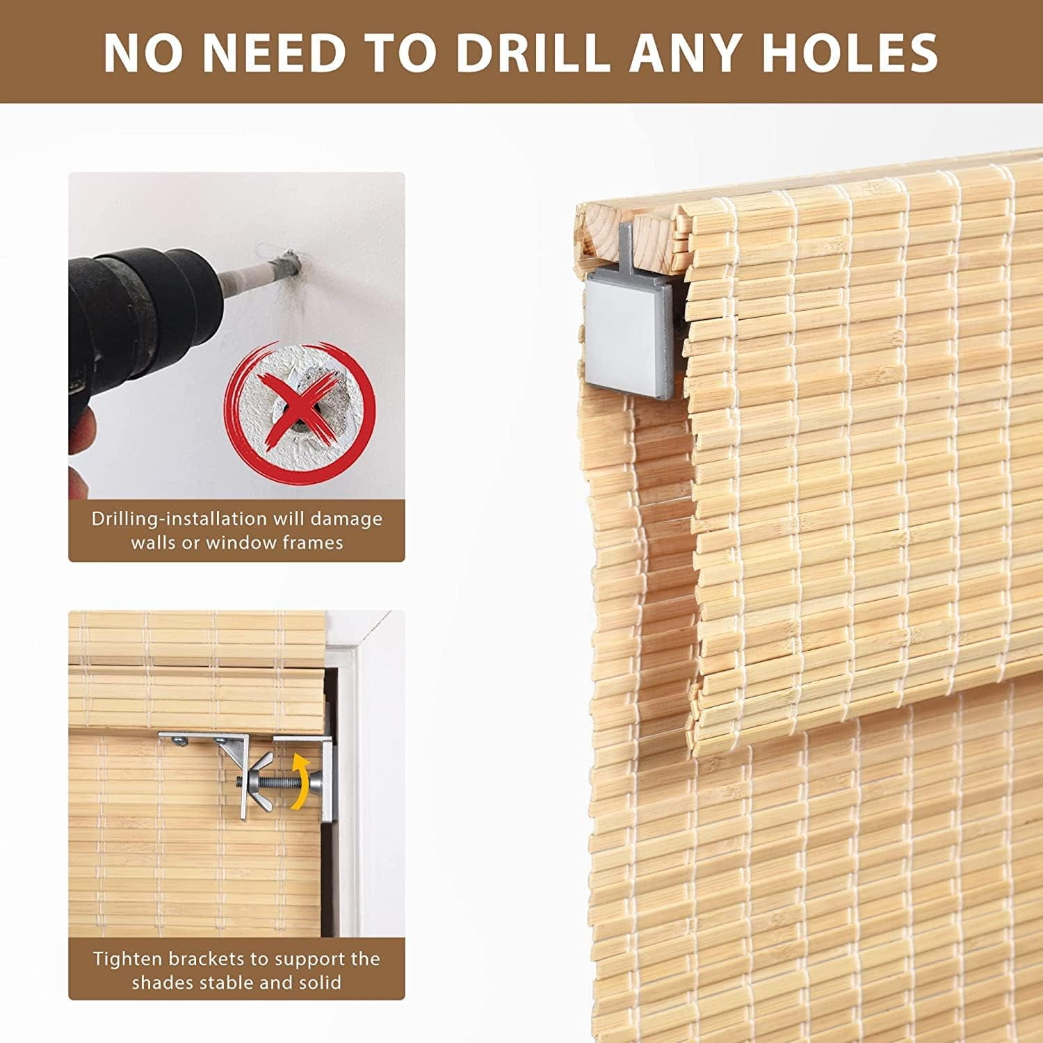LazBlinds No Tools No Drill Cordless Bamboo Roman Shades, Privacy Window Treatment, Roll Up Bamboo Blinds for Window 30'' W x 64'' H, Natural