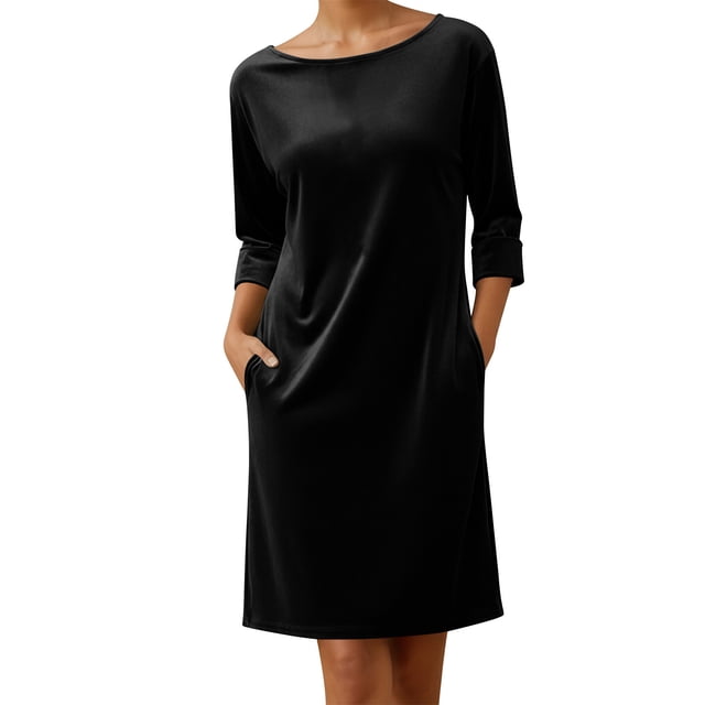 JGGSPWM Robes en Velours pour Femmes Élégantes à Manches Longues à Col Rond Robe de Couleur Unie Robe Midi Vintage avec Poches Noir G