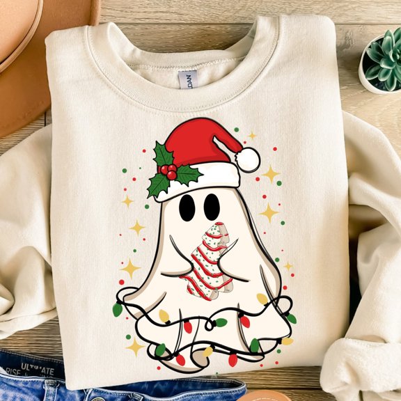 Cute Christmas ghost tree cake Sweatshirt, Merry Christmas T-shirt, Christmas Hoodie, Adorable Ghost Xmas Holiday Crewneck