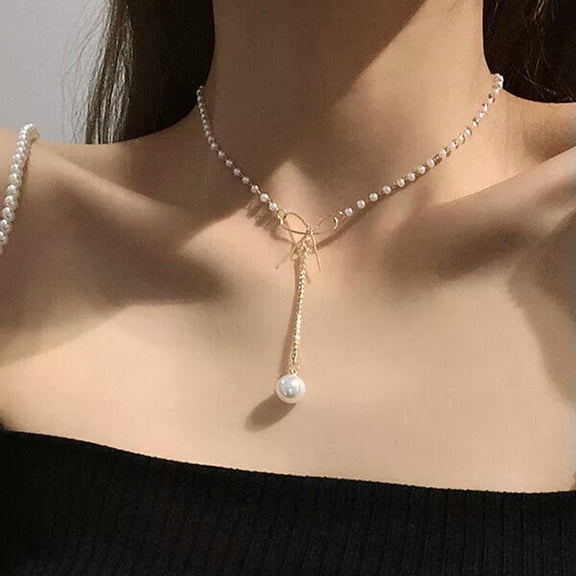 EOEMY New 18K Gold Plated Bow Pearl Pendant Beaded Chain Necklace Women Jewelry Choker