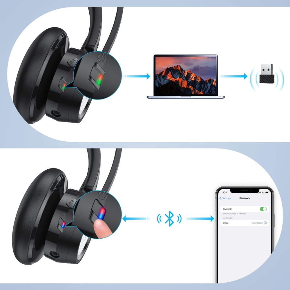 New bee Wireless Bluetooth 5.0 Headset with Noise Cancelling Mic (DSP+ENC), 270° Rotating Boom Mic HD Voice, 25H Playback/20H Talk, Mute Button, for Online Learning/Meetings/Skype