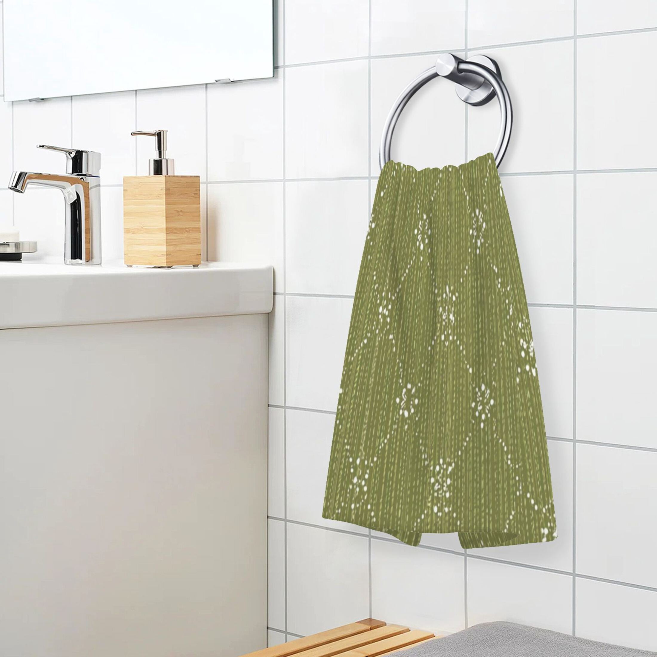 2 Pieces of Cotton Towel Face Towel Set Hand Towel Bath Towel Cotton Bath Towel Sets Olive Green Dotted Lines