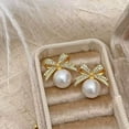 thumbnail image 4 of Pearl Bow Earrings for Women Elegant Rhinestone Dangle Holiday Jewelry Christmas Party Drop Earrings, 4 of 8