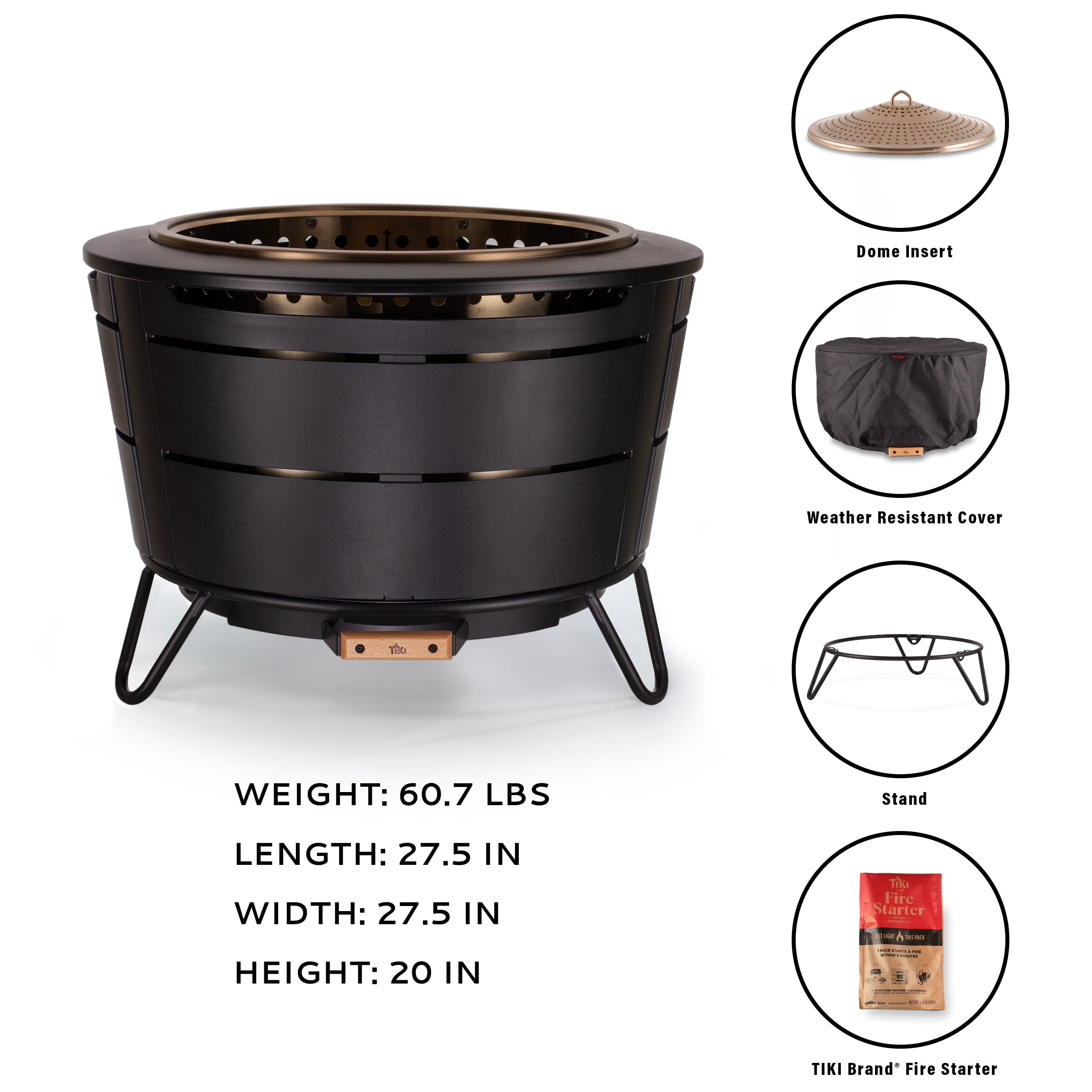 TIKI Reunion Smokeless Fire Pit – 27.5" Stainless Steel Wood Burning Fireplace for Yard, Patio & Camping, Large Outdoor Firepit with Weather-Resistant Cover, Ash Pan & Starter Pack