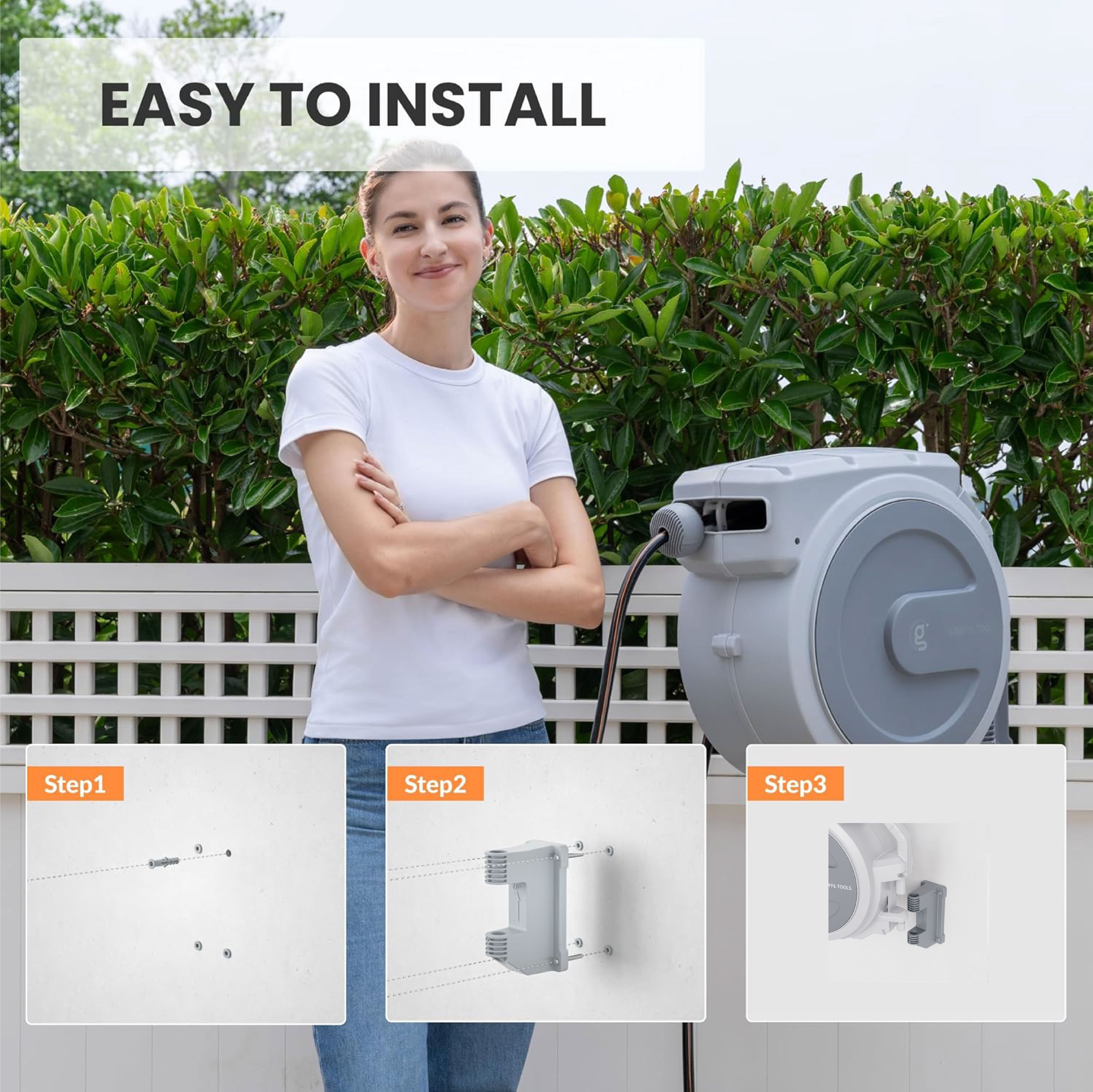 Giraffe Tools Retractable Garden Hose Reel with 14mm-100ft Water Hose, Plastic Bracket, Wall Mounted, Light Grey