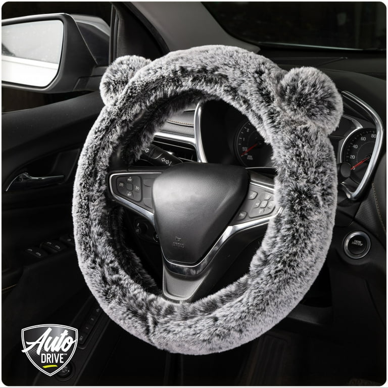 Auto Drive Gray Fluffy Pom Pom Ears Steering Wheel Cover
