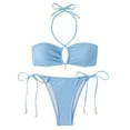 thumbnail image 2 of Mceream Women's High Waisted Drawstring Adjustment Bikinis Gathering Swimsuit Split Set Light Blue L, 2 of 7