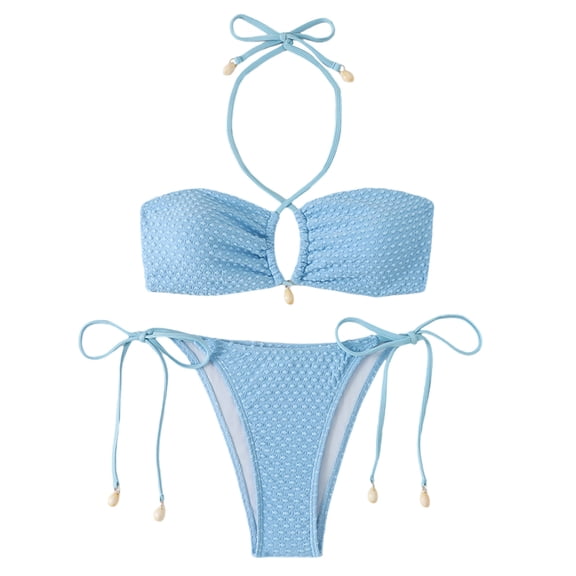 Sevevn Women's Textured Bandeau Bikini Set Halter Shell Decor Side Tie Thong Two Piece Swimsuit Light Blue L