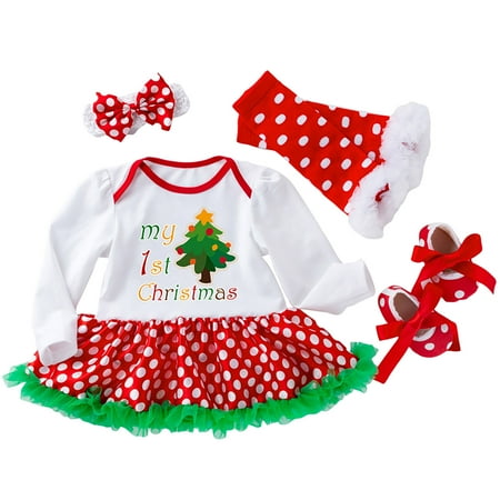 

QWERTYU Newborn Infant Baby Toddler Clothing Set Christmas One Piece Dress Bodysuit and Shoes Tights Set Long Sleeve Outfits with Headband for Girl 0-2Y