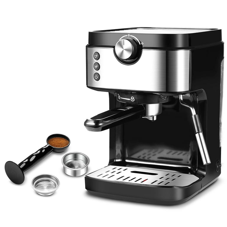 Elexnux 2-Cup Black 20 Bar Professional Compact Espresso Machine with Milk Frother Steam Wand Thermal Fast Heating System, Brushed Stainless Steel