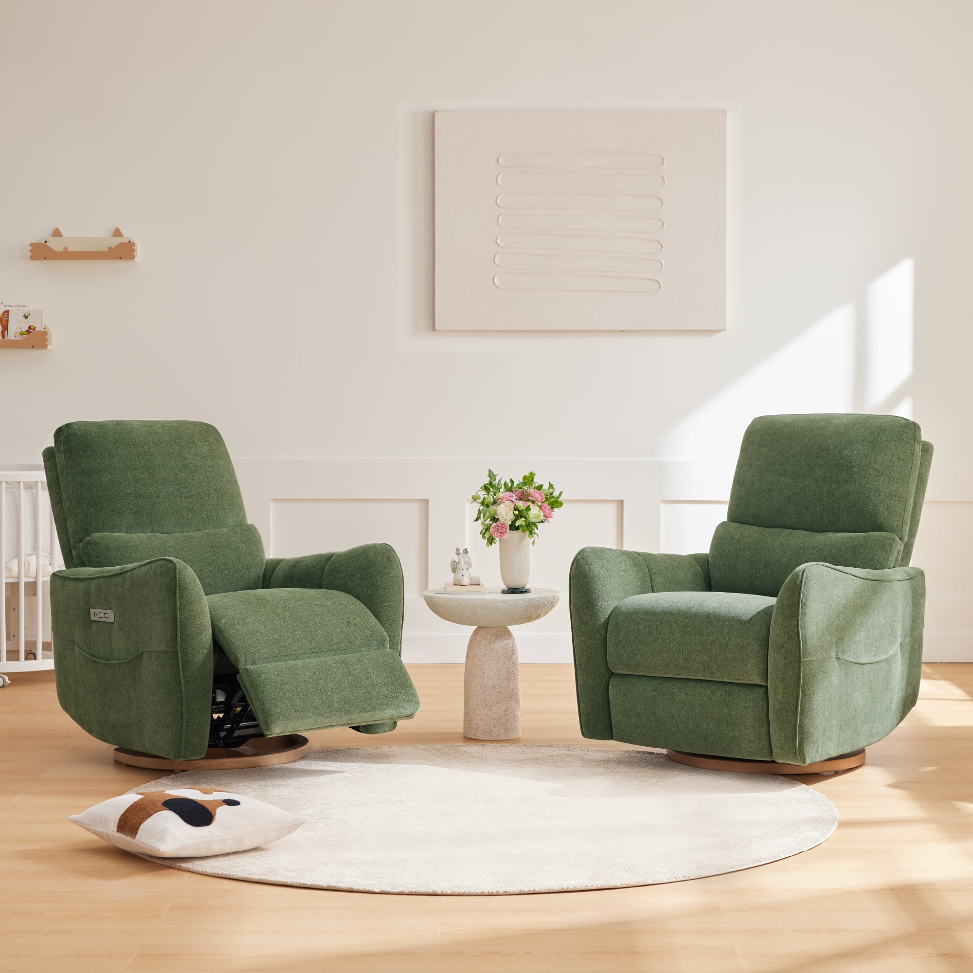 Spruce & Spring Chenille Fabric Swivel Glider Recliner with Lumbar Pillow for Nursery & Living Room, Green