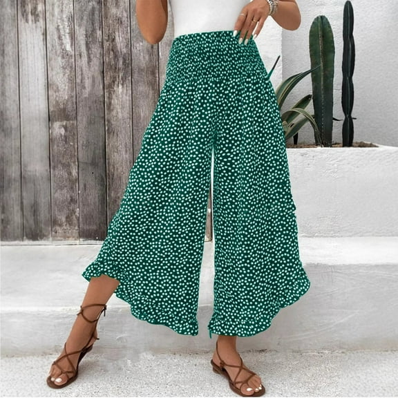 Gmdeguo Palazzo Trousers for Women Polka Dots Printed Wide Leg Capri Pants Elasticated Waist Summer Lounge Pants Baggy Casual High Waisted Loose Bottoms with Pockets