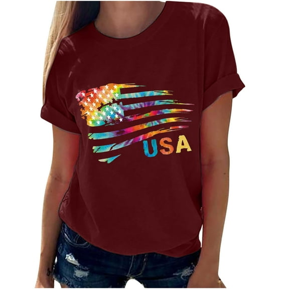 Odeerbi Womens Tops Dressy 2025 Casual Blouse Shirts Tees Funny Cute Short Sleeve T Shirt Independence Day Flag Print T-Shirt Gift Burgundy